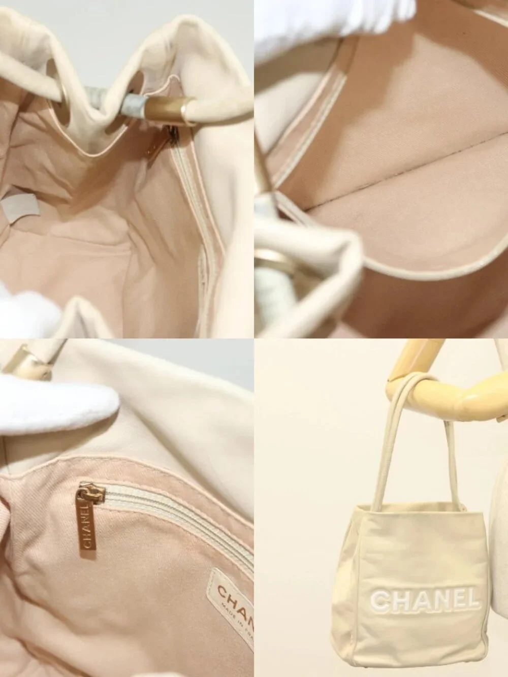 CHANEL Camelia Tote Bag Leather Beige CC Auth 128453